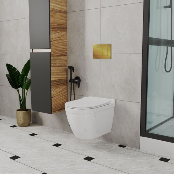 Комплект BAU 6 в 1: инсталляция BAU PRO, унитаз подвесной безободковый Bau Mif PRO, сиденье быстросъемное микролифт, клавиша BAU Stil, золото