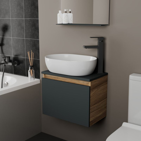 Комплект для ванной, 3 предмета (Тумба подвесная Bau Blackwood 50 графит + Раковина BAU 48х34, Смеситель высокий Hotel Black, черный)