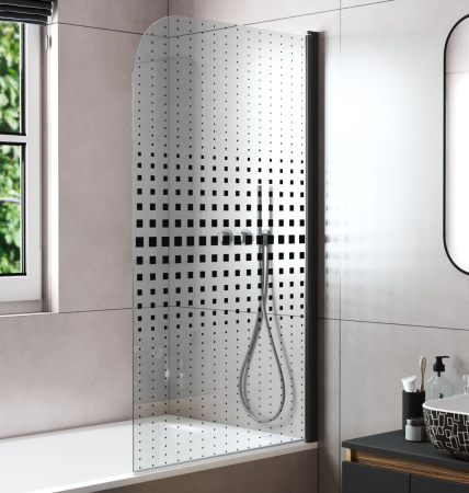 Шторка на ванну BAU Dream поворотная 140x80, прозрачное закаленное стекло 6 мм с черная мозаика, черный матовый профиль