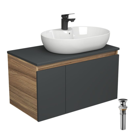 Комплект для ванной, 4 предмета (Тумба подвесная Blackwood 80 графит + Раковина BAU 60х42, с отв. под см-ль + Смеситель Cerama Black, выпуск черный)