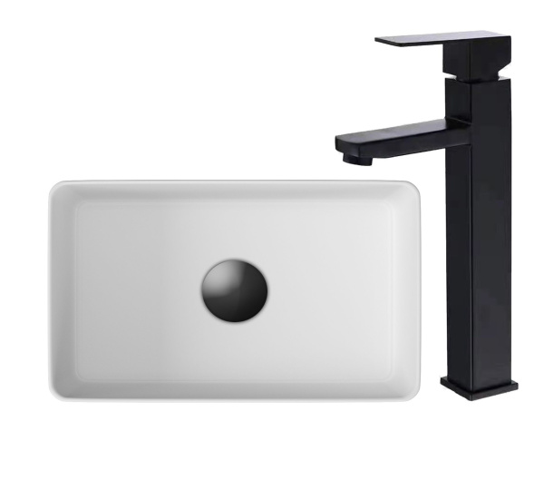 Раковина накладная со смесителем (прямоугольная BAU Hotel mini 37х23, белая + смеситель высокий Hotel Black, черный)