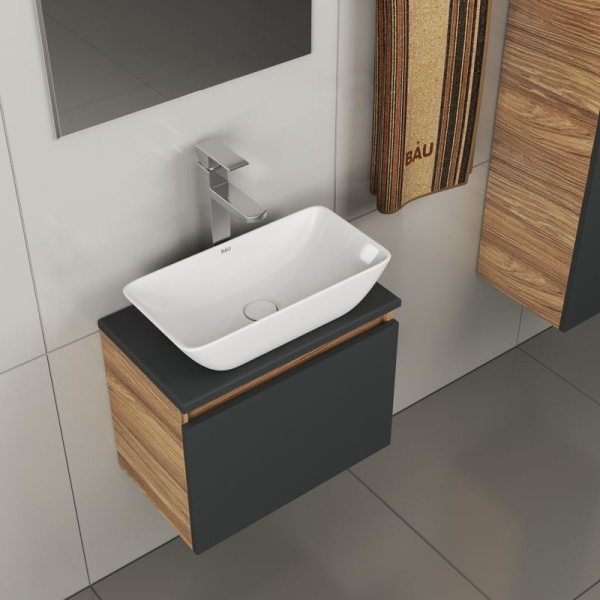Комплект для ванной, 4 предмета (тумба Bau 50, графит + раковина чаша BAU Spectrum mini 47х24 + смеситель Hotel Still, выпуск клик-клак, белый)