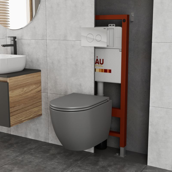 Комплект BAU 6 в 1: инсталляция BAU PRO, унитаз подвесной торнадо обратного потока Bau Dream Hurricane-2, сиденье дюропласт микролифт, темно-серый матовый, клавиша из стекла Dream, белая