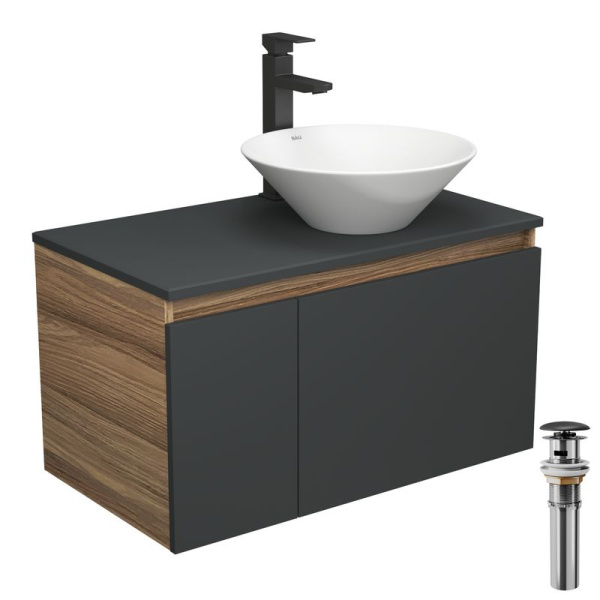 Комплект для ванной, 4 предмета (тумба Bau 80, графит + раковина BAU Dream D43 + смеситель Hotel Black, выпуск клик-клак, черный)