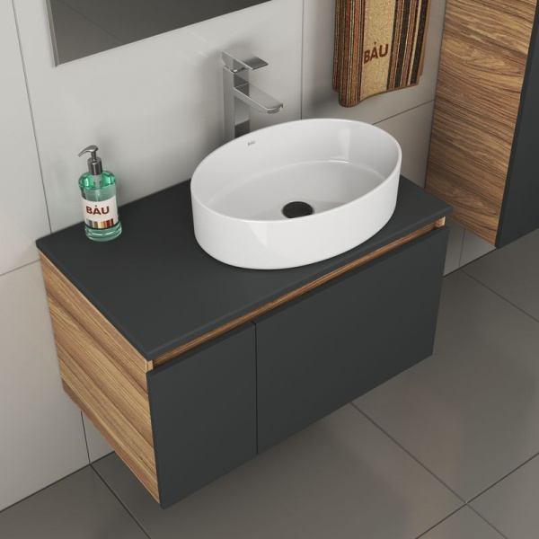 Комплект для ванной, 4 предмета (тумба Bau 80, графит + раковина BAU Nimb 50х36 + смеситель Hotel Still, выпуск клик-клак, черный)