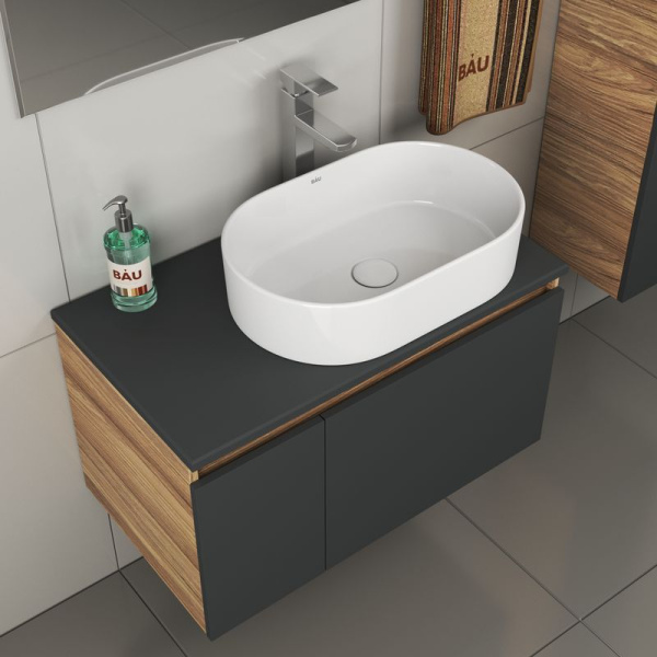 Комплект для ванной, 4 предмета (тумба Bau 80, графит + раковина BAU Nimb 56х36 + смеситель Hotel Still, выпуск клик-клак, белый)