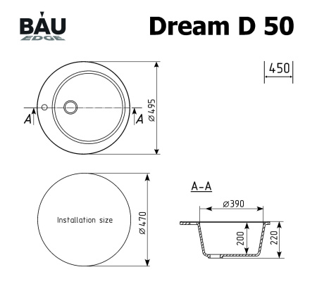 Мойка для кухни BAU Dream Black stone D 50, выпуск с сифоном в комплекте, черный камень
