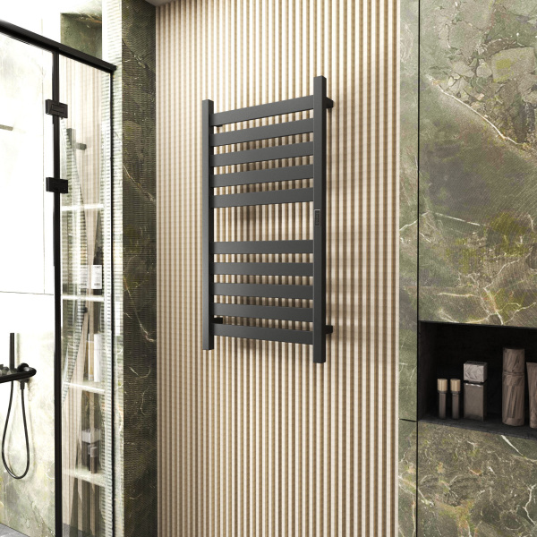 Полотенцесушитель дизайнерский электрический, профильный BAU Elite 50х100, 10 планок, универсальный, черный матовый RAL 9005