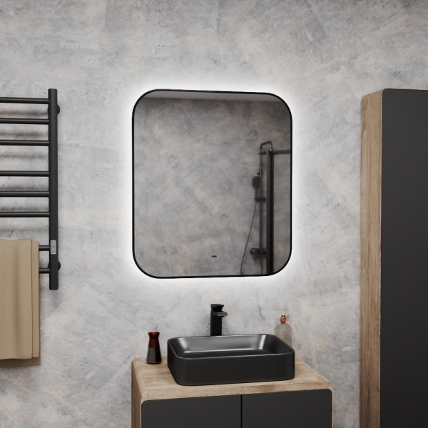 Зеркало Bau Black Rand 70х80, с LED фоновой подсветкой, бесконтактным сенсором, черной окантовкой