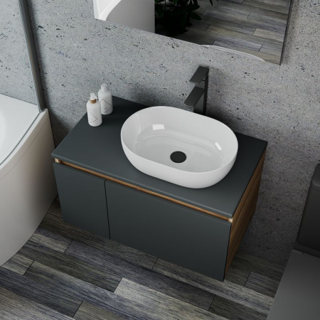 Комплект для ванной, 4 предмета (Тумба подвесная Bau Blackwood 80 графит + Раковина BAU 48х34 + Смеситель высокий Hotel Black, черный, выпуск черный)