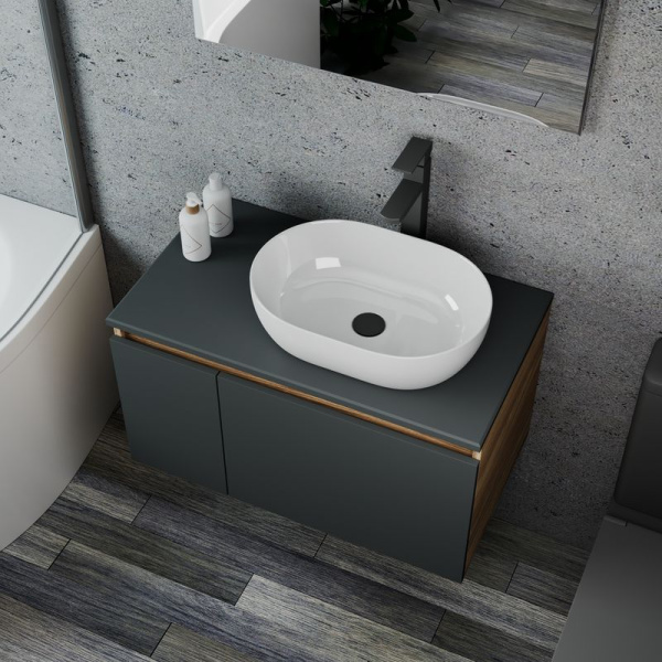 Комплект для ванной, 4 предмета (Тумба подвесная Bau Blackwood 80 графит + Раковина BAU 48х34 + Смеситель высокий Hotel Black, черный, выпуск черный)