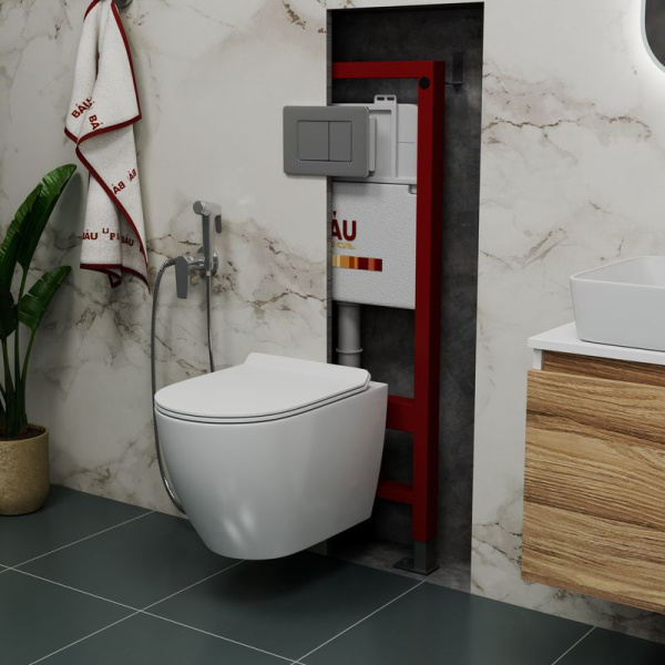 Комплект BAU 6 в 1: инсталляция BAU PRO, унитаз подвесной безободковый Bau Dream PRO-2, сиденье быстросъемное микролифт, клавиша BAU Stil Gun Grey, антивандальная, нержавеющая сталь серый металлик