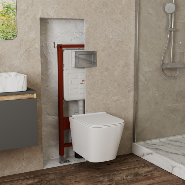 Комплект BAU 6 в 1: усиленная инсталляция BAU IDEAL, унитаз подвесной безободковый Bau Stil PRO, сиденье микролифт, клавиша BAU Light антивандальная, нерж. сталь хром