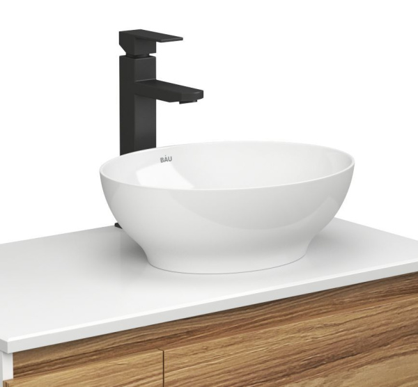 Раковина накладная со смесителем (овальная BAU Nimb 41х33, белая + смеситель высокий Hotel Black, черный)