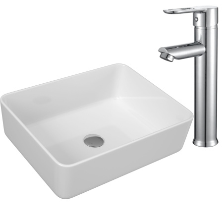 Раковина со смесителем (Умывальник накладной на столешницу BAU Hotel прямоугольный 48х37, белый, смеситель для раковины высокий Diadonna Dream, латунь, хром)