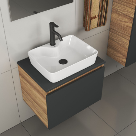 Раковина накладная прямоугольная BAU 48х37, с отв. под смеситель, белая + смеситель Dream Black и выпуск клик-клак черный