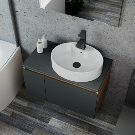 Комплект для ванной, 4 предмета (Тумба подвесная Blackwood 80 графит + Раковина BAU 51х41, с отв. под см-ль + Смеситель Hotel Black, выпуск черный)