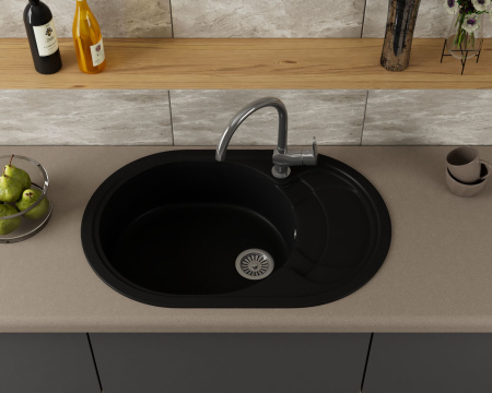 Мойка для кухни оборачиваемая овальная BAU Nimb Black coal 78х50, выпуск с сифоном в комплекте, черный уголь