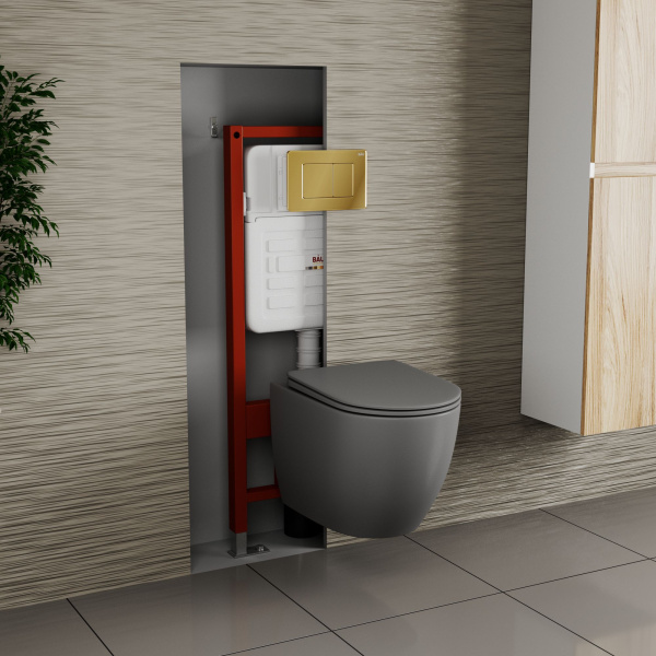 Комплект BAU 6 в 1: усиленная инсталляция BAU IDEAL, унитаз подвесной безободковый Bau Dream темно-серый матовый, сиденье дюропласт микролифт, клавиша BAU Light антивандальная, нерж. сталь золото