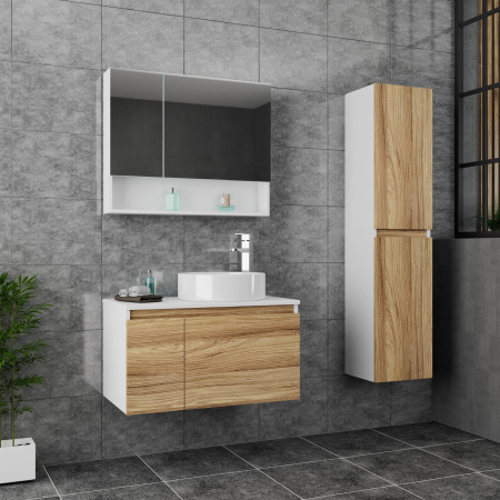 Комплект для ванной, 4 предмета (Тумба Bau Dream Blackwood 80, раковина BAU Dream круглая D41, смеситель для раковины высокий Hotel Still, нержавеющая сталь, выпуск клик клак, хром)