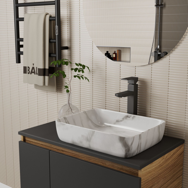 Раковина накладная со смесителем и выпуском (прямоугольная BAU Hotel 48х37, мрамор + смеситель  Hotel Black, черный, выпуск клик-клак черный)