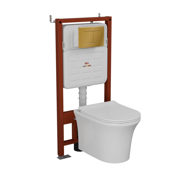 Комплект BAU 6 в 1: усиленная инсталляция BAU IDEAL, унитаз подвесной безободковый Bau Spectrum PRO, сиденье микролифт, клавиша BAU Light антивандальная, нерж. сталь золото