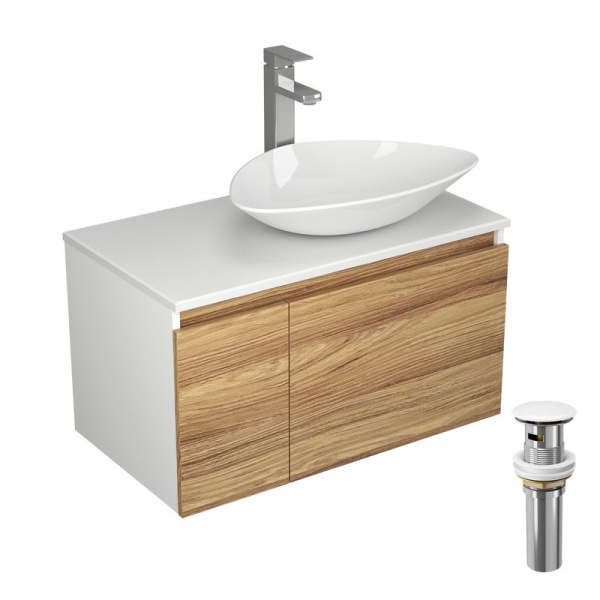 Комплект для ванной, 4 предмета (Тумба Bau Dream Blackwood 80, раковина BAU Triangle 59х39, смеситель для раковины Potato Hotel, выпуск клик клак, белый)