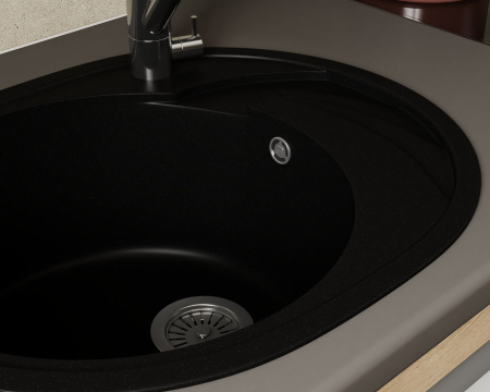 Мойка для кухни оборачиваемая овальная BAU Nimb Black coal 58х47, выпуск с сифоном в комплекте, черный уголь