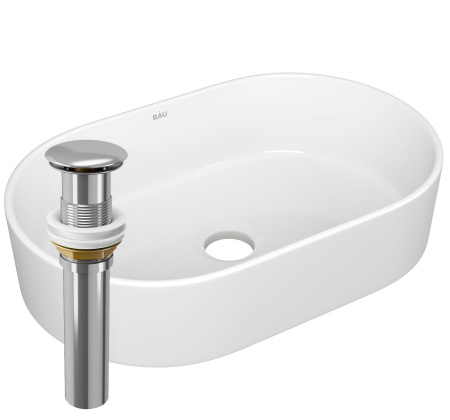 Раковина накладная овальная BAU Nimb 56х36, белая + выпуск клик-клак, хром