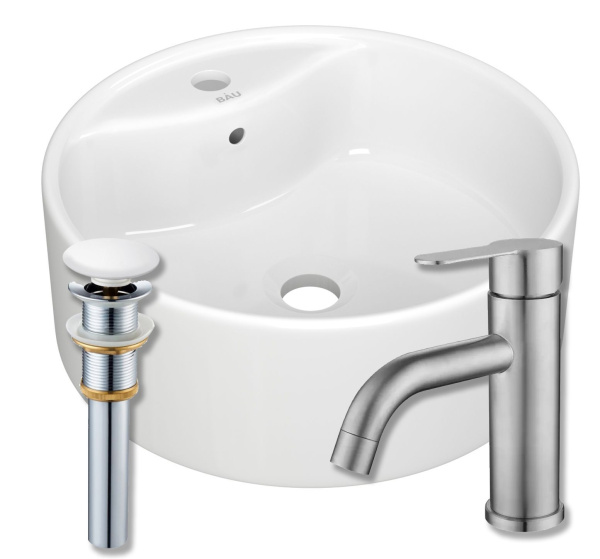 Раковина для ванной накладная круглая BAU D40, белая + смеситель Dream, нер. сталь и выпуск клик-клак белый