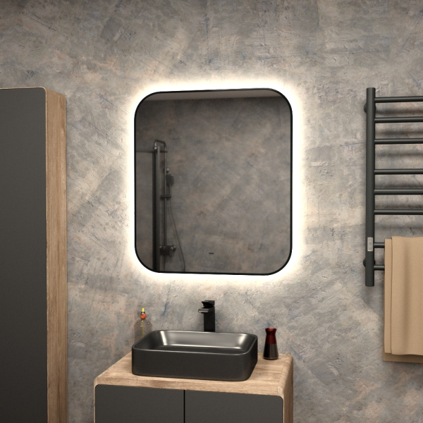 Зеркало Bau Black Rand 70х80, с LED фоновой подсветкой, бесконтактным сенсором, черной окантовкой