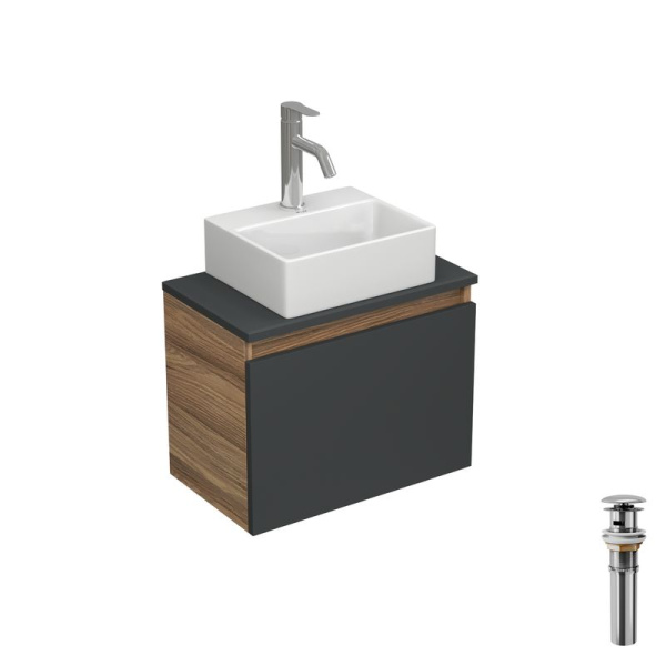 Комплект для ванной, 4 предмета (Тумба подвесная под раковину Bau 50, графит + раковина BAU 33х28 + смеситель Dream, нержавеющая сталь, выпуск)