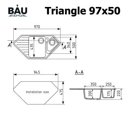 Мойка для кухни угловая BAU Triangle Black stone 97х50, выпуск с сифоном в комплекте, черный камень
