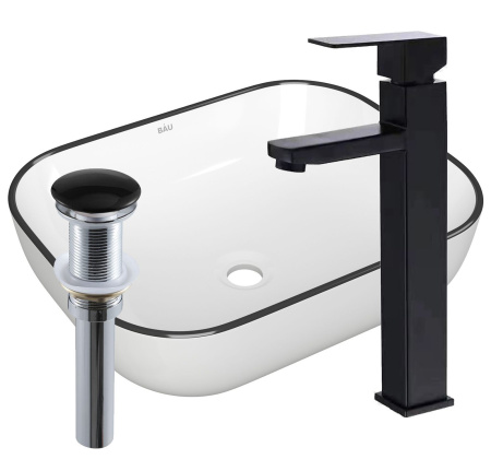 Раковина накладная со смесителем и выпуском (прямоугольная BAU Stil 50х40, белая + смеситель Hotel Black, черный, выпуск клик-клак черный)