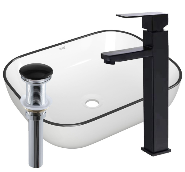 Раковина накладная со смесителем и выпуском (прямоугольная BAU Stil 50х40, белая + смеситель Hotel Black, черный, выпуск клик-клак черный)