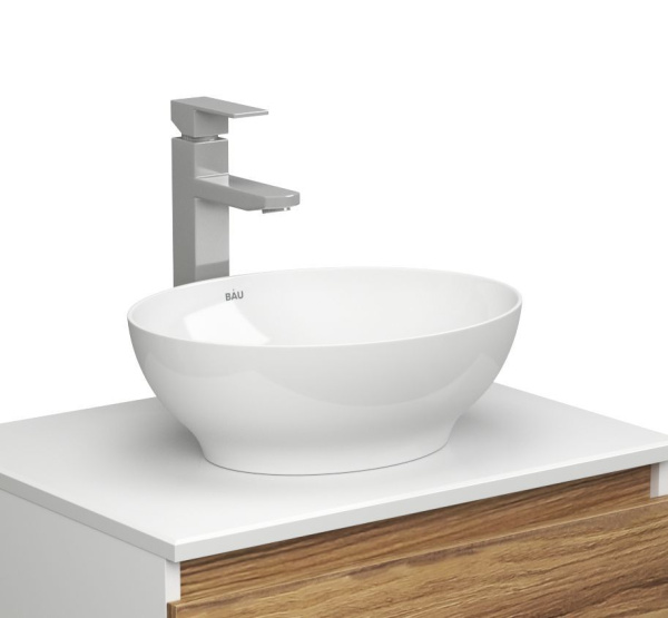 Раковина накладная со смесителем и выпуском (овальная BAU Nimb 41х33, белая + смеситель Hotel Still, нер. сталь, выпуск клик-клак хром)
