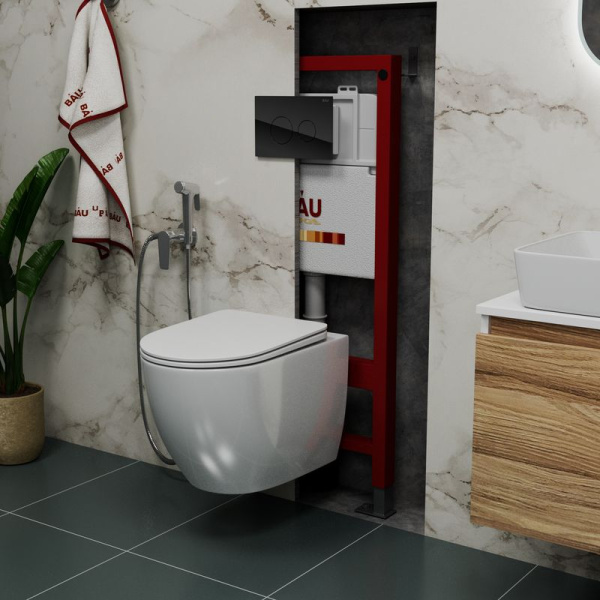 Комплект BAU 6 в 1: инсталляция BAU PRO, унитаз подвесной безободковый Bau Dream 49,5х36, сиденье дюропласт микролифт, клавиша из стекла BAU Dream, черная