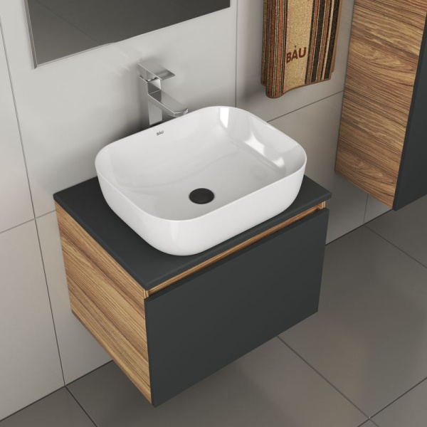 Комплект для ванной, 4 предмета (тумба Bau 60, графит + раковина BAU Stil Pro Pro 50х40 + смеситель Hotel Still, выпуск клик-клак, черный)