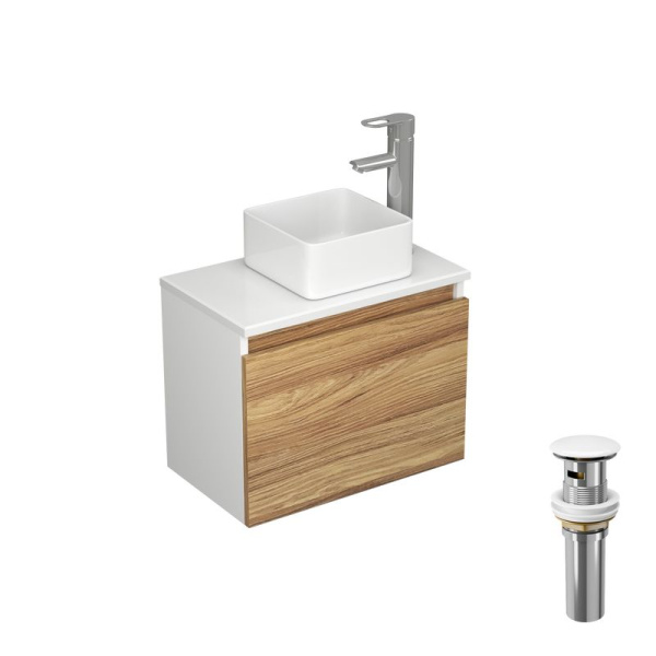 Комплект для ванной, 4 предмета (Тумба Bau Dream Blackwood 50, раковина BAU Mini 24х24, смеситель для раковины Diadonna Dream, латунь, выпуск клик клак, белый)