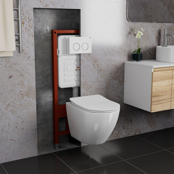 Комплект BAU 6 в 1: усиленная инсталляция BAU IDEAL, унитаз подвесной безободковый Bau Dream PRO-2, сиденье микролифт, клавиша BAU Round, белый/хром