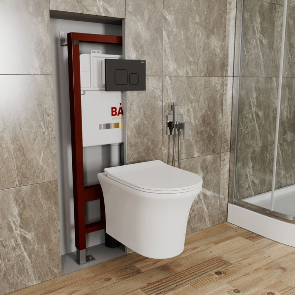 Комплект BAU 6 в 1: инсталляция BAU PRO, унитаз подвесной безободковый Bau Spectrum PRO, быстросъемное сиденье микролифт, кнопка смыва BAU Soul, черная матовая