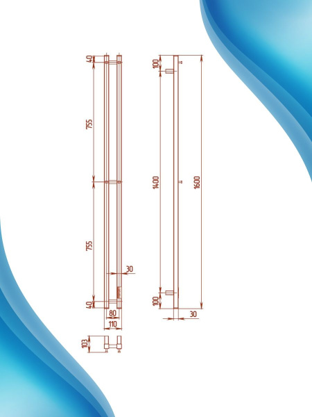 Полотенцесушитель дизайнерский электрический, профильный BAU Stella Square 8х160, 2 коллектора, 4 крючка (Полированный DB-0079)