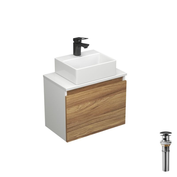 Комплект для ванной, 4 предмета (Тумба подвесная под раковину Bau 50 + раковина BAU 33х28 + смеситель Cerama Black, черный, выпуск)