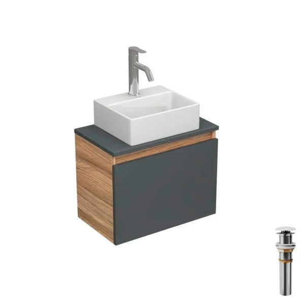 Комплект для ванной, 4 предмета (Тумба подвесная под раковину Bau 50, графит + раковина BAU 33х28 + смеситель Dream, нержавеющая сталь, выпуск)