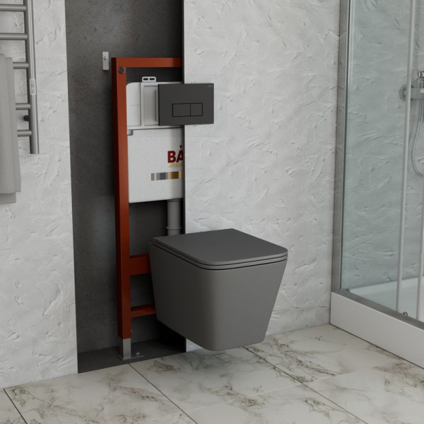 Комплект BAU 6 в 1: инсталляция BAU PRO, унитаз подвесной безободковый торнадо обратного потока Bau Stil Hurricane-2, сиденье микролифт, темно-серый матовый, клавиша BAU Hotel, черная матовая