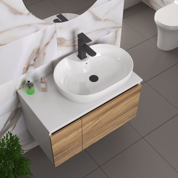 Комплект для ванной, 4 предмета (Тумба подвесная Bau Blackwood 80 + Раковина BAU 60х42, с отв. под см-ль + Смеситель Hotel Black, выпуск черный)