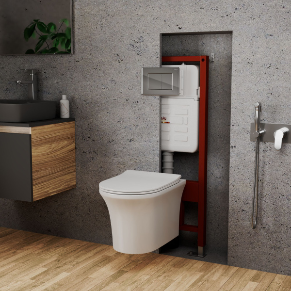 Комплект BAU 6 в 1: усиленная инсталляция BAU IDEAL, унитаз подвесной безободковый Bau Spectrum PRO, сиденье микролифт, клавиша BAU Light антивандальная, нерж. сталь хром