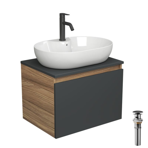 Комплект для ванной, 4 предмета (Тумба подвесная Blackwood 60 графит + Раковина BAU 60х42, с отв. под см-ль + Смеситель Dream Black, выпуск черный)