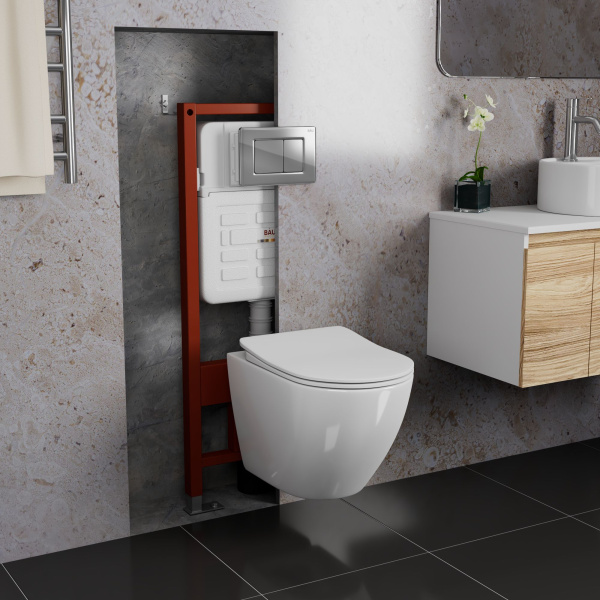 Комплект BAU 6 в 1: усиленная инсталляция BAU IDEAL, унитаз подвесной безободковый Bau Dream PRO-2, сиденье микролифт, клавиша BAU Light антивандальная, нерж. сталь хром