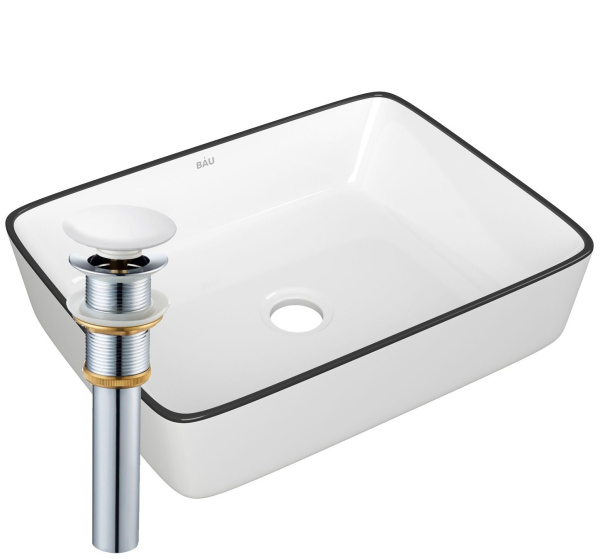 Раковина накладная прямоугольная BAU Hotel 48х37, белая, черный кант + выпуск клик-клак, белый